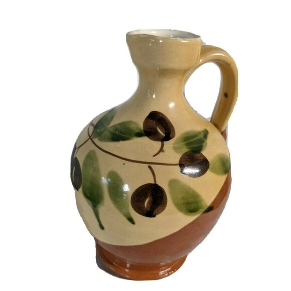 Hand Painted Ceramic Jug With Olive Design Small Vintage 6.55” Rustic Decor - Picture 2 of 6
